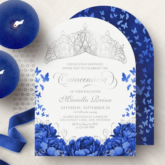 Invitation Élégant Royal Blue Butterflies Crown Quinceanera