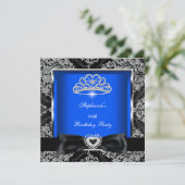 Invitation Elégant Royal Blue Damask Silver Black Party (Debout devant)