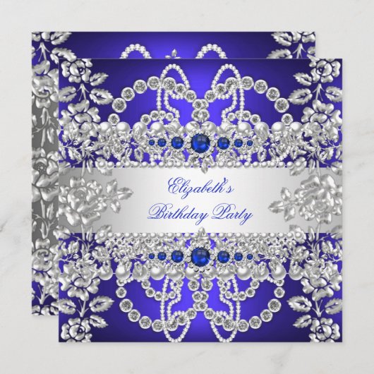 Invitation Elégant Royal Blue Diamonds Silver Floral Annivers (Devant / Derrière)