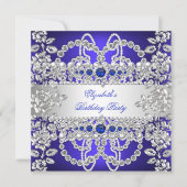 Invitation Elégant Royal Blue Diamonds Silver Floral Annivers (Devant)