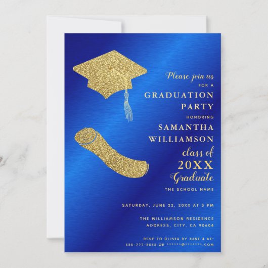 Invitation Élégant Royal Blue et Gold Graduation (Devant)