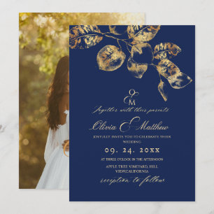Invitation Elégant Royal Blue et Gold Leafs Mariage
