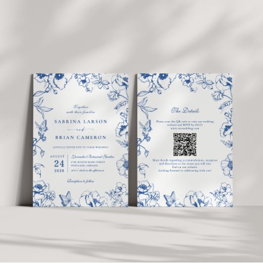 Invitation Elegant Royal Blue Floral Garden QR Code Wedding