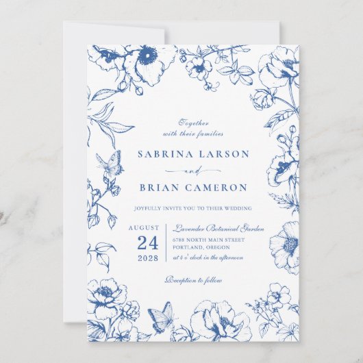 Invitation Elegant Royal Blue Floral Garden Wedding Photo (Devant)