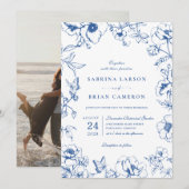 Invitation Elegant Royal Blue Floral Garden Wedding Photo (Devant / Derrière)