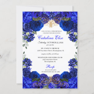 Invitation Elégant Royal Blue Floral Quinceanera Anniversaire