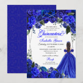 Invitation Elégant Royal Blue Floral Quinceanera Anniversaire (Devant / Derrière)