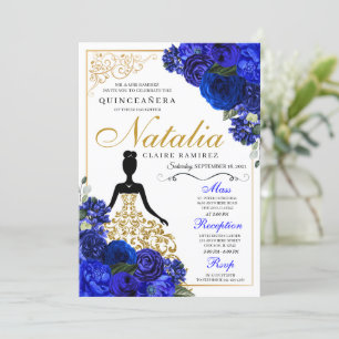 Invitation Elégant Royal Blue Floral Quinceanera Anniversaire
