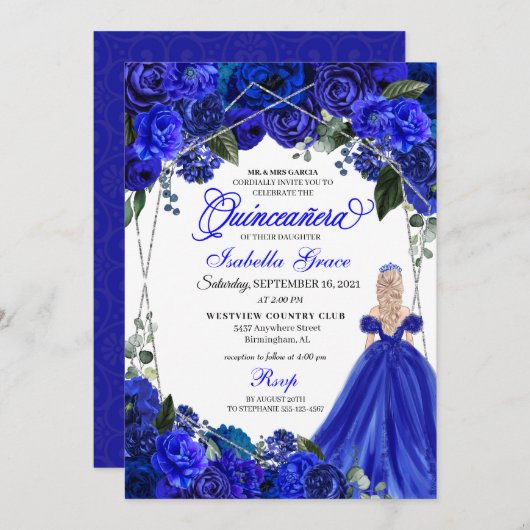 Invitation Elégant Royal Blue Floral Quinceanera Anniversaire (Devant / Derrière)