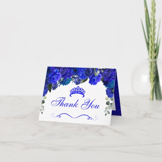 Invitation Elégant Royal Blue Floral Quinceanera Merci (Devant)