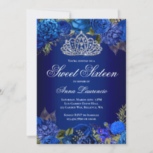 Invitation Elégant Royal Blue Floral Sweet sixteen