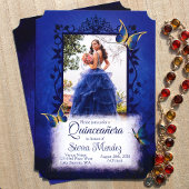 Invitation Élégant Royal Blue & Gold Butterflies Quinceanera