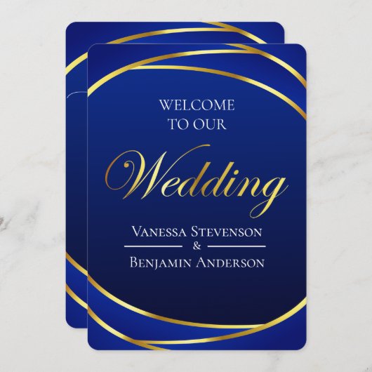 Invitation Élégant Royal Blue Gold Lace QR Code Mariage (Devant / Derrière)