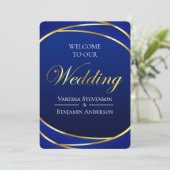 Invitation Élégant Royal Blue Gold Lace QR Code Mariage (Debout devant)