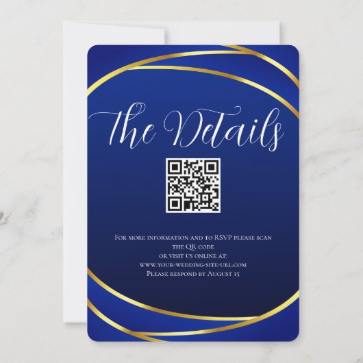 Invitation Élégant Royal Blue Gold Lace QR Code Mariage (Dos)