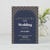Invitation Élégant Royal Blue Gold Lace QR Code Mariage (Debout devant)