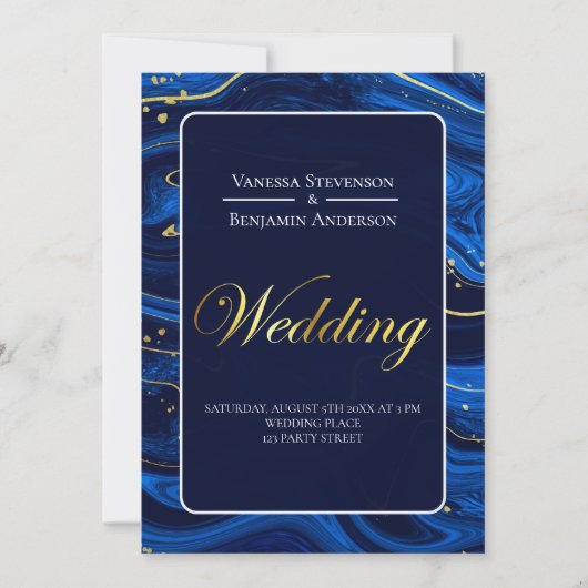 Invitation Élégant Royal Blue Gold Lace QR Code Mariage (Devant)