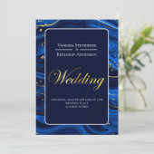 Invitation Élégant Royal Blue Gold Lace QR Code Mariage (Debout devant)