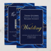 Invitation Élégant Royal Blue Gold Lace QR Code Mariage (Devant / Derrière)