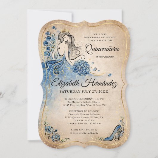 Invitation Elégant Royal Blue Gold Princess Quince Anniversai (Devant)