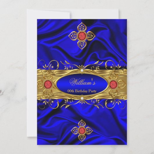 Invitation Elégant Royal Blue Gold Red Gems Silk Anniversaire (Devant)