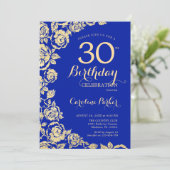 Invitation Elégant Royal Blue Gold Roses 30e anniversaire (Debout devant)