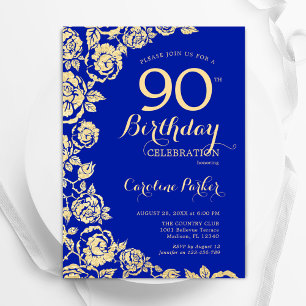 Invitation Elégant Royal Blue Gold Roses 90e anniversaire