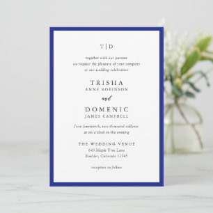 Invitation Elégant Royal Blue Monogram Mariage moderne