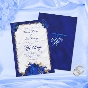 Invitation Élégant Royal Blue Monogram Rose Mariage officiel
