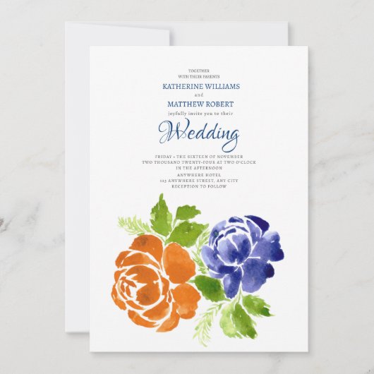 Invitation Elégant Royal Blue Orange Floral Mariage été (Devant)