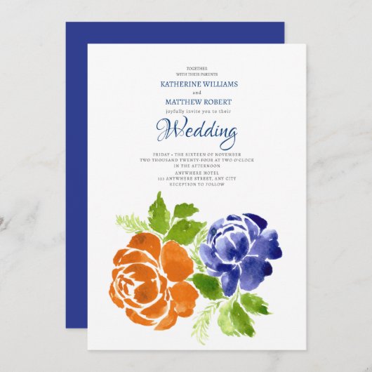 Invitation Elégant Royal Blue Orange Floral Mariage été (Devant / Derrière)