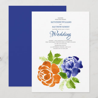Invitation Elégant Royal Blue Orange Floral Mariage été