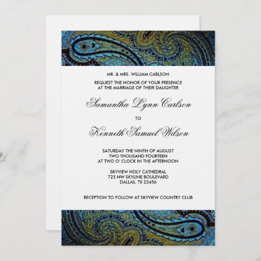 Invitation Élégant Royal Blue Peacock Paisley Mariage (Devant / Derrière)