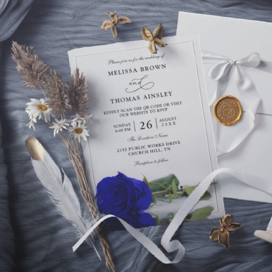 Invitation Elegant Royal Blue Rose Budget QR Code Wedding