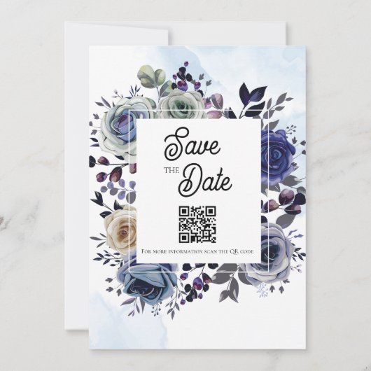 Invitation Elégant Royal Blue Rose Fancy QR Code Mariage (Dos)