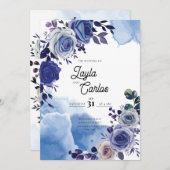 Invitation Elégant Royal Blue Rose Fancy QR Code Mariage (Devant / Derrière)