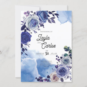Invitation Elégant Royal Blue Rose Fancy QR Code Mariage