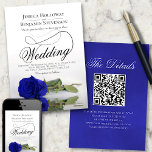 Invitation Elégant Royal Blue Rose Fancy QR Code Mariage<br><div class="desc">Cette belle faire-part de mariage est ornée d'une superbe photo d'un seul rose à long tige bleu royal ou cobalt couché sur son côté, se reflétant dans un bassin d'eau avec vagues et ondulations. Le design se compose d'un script de calligraphie sophistiqué avec une longue queue bouclée, ce qui le...</div>