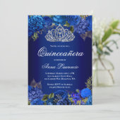 Invitation Elégant Royal Blue Roses Diamond Tiara Quinceanera (Debout devant)
