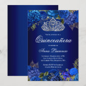Invitation Elégant Royal Blue Roses Diamond Tiara Quinceanera (Devant / Derrière)