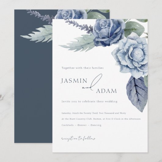 Invitation Elégant Royal Blue Roses Floral Mariage (Devant / Derrière)