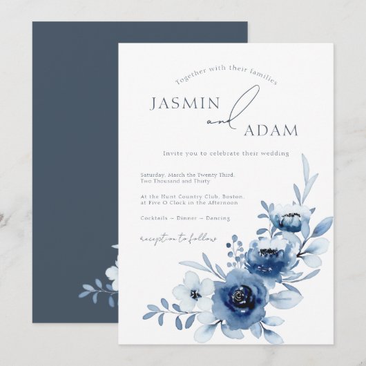 Invitation Elégant Royal Blue Roses Floral Mariage (Devant / Derrière)