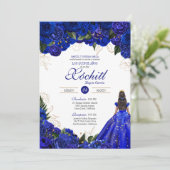 Invitation Elégant Royal Blue Roses Floral Quinceañera (Debout devant)