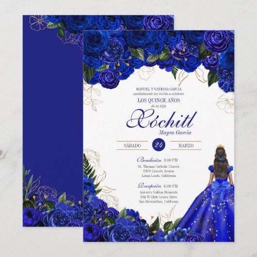 Invitation Elégant Royal Blue Roses Floral Quinceañera (Devant / Derrière)