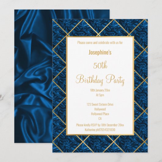 INVITATION ÉLÉGANT ROYAL BLUE SATIN GOLD ANNIVERSAIRE INVITAT (Devant / Derrière)