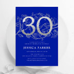 Invitation Elégant Royal Blue Silver 30e anniversaire<br><div class="desc">Elégante invitation à la fête du 30e anniversaire bleu royal. Design féminin moderne et personnalisable,  avec des accents botaniques de roses et de l'argent faux brillant. Carte invitation florale simple parfaite pour une célébration anniversaire élégante. Personnalisez avec vos propres détails. Invitations Zazzle imprimées ou téléchargement instantané modèle imprimable numérique.</div>