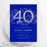 Invitation Elégant Royal Blue Silver 40e anniversaire<br><div class="desc">Elégante invitation à la fête du 40e anniversaire bleu royal. Design féminin moderne et personnalisable avec des accents botaniques rose et de la fausse parties scintillant argent. Carte invitation florale simple parfaite pour une célébration anniversaire élégante. Personnalisez avec vos propres détails. Invitations Zazzle imprimées ou téléchargement instantané modèle imprimable numérique....</div>