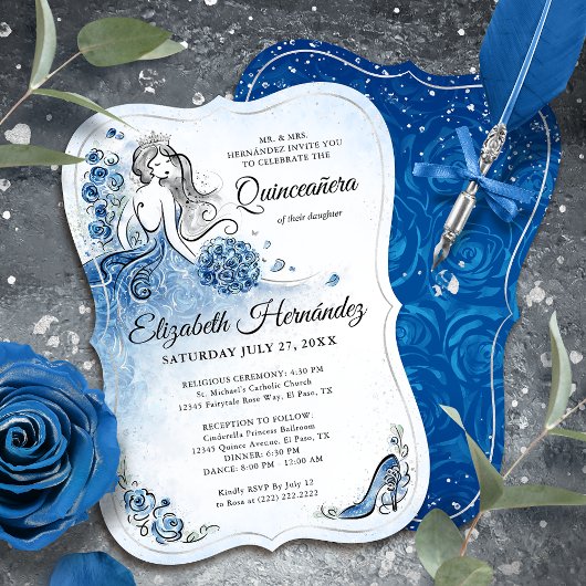 Invitation Elégant Royal Blue Silver Princess Quince Annivers