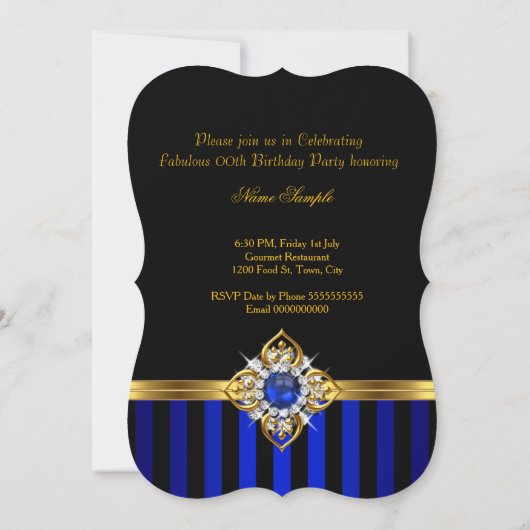 Invitation Elégant Royal Blue Stripe Gold Pearl Anniversaire (Dos)