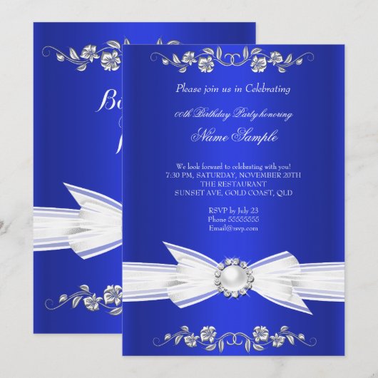 Invitation Elégant Royal Blue White Pearl Jewel Bow Anniversa (Devant / Derrière)